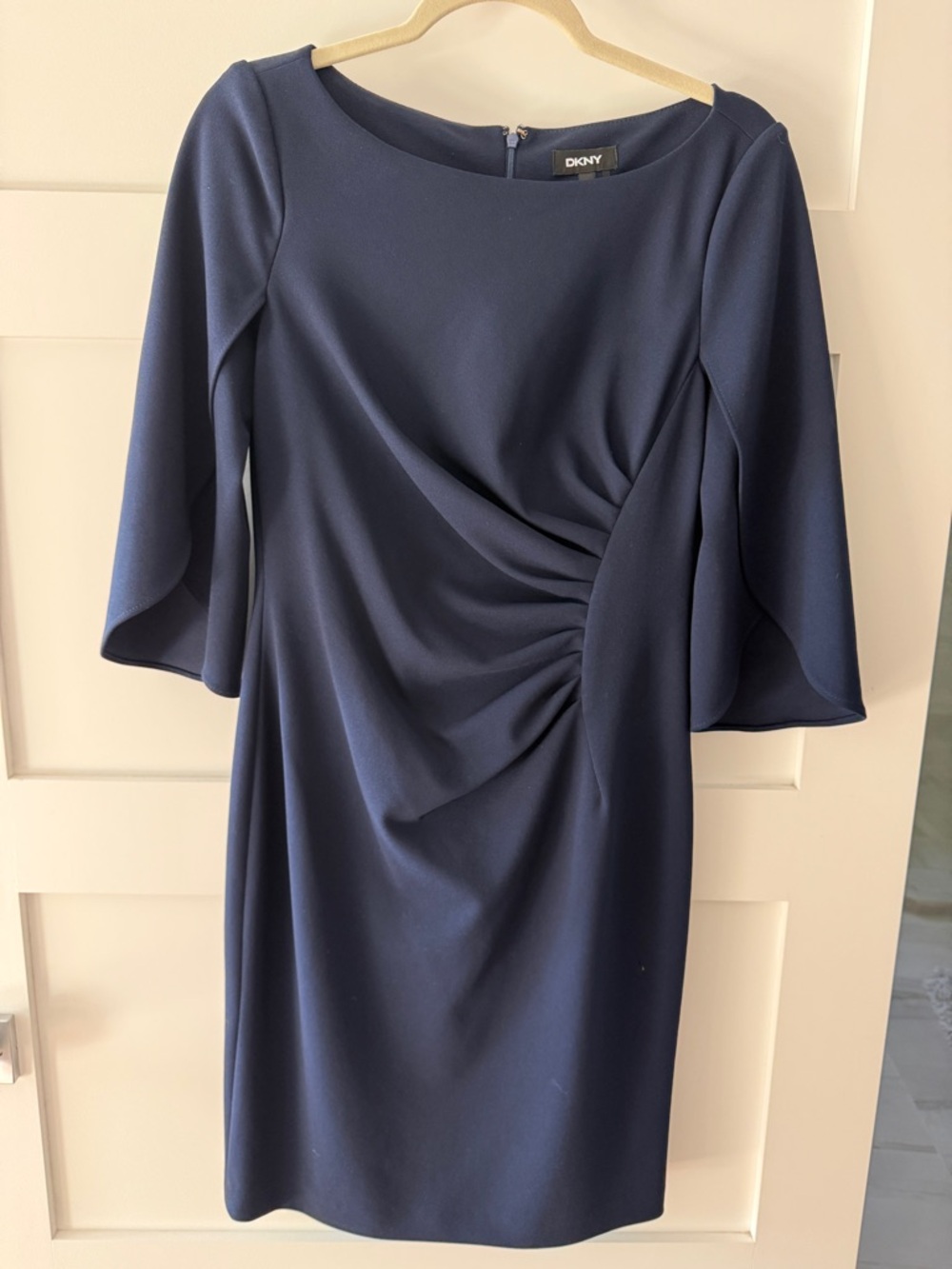 DKNY Navy 3/4 Sleeve Draped Sheath Dress